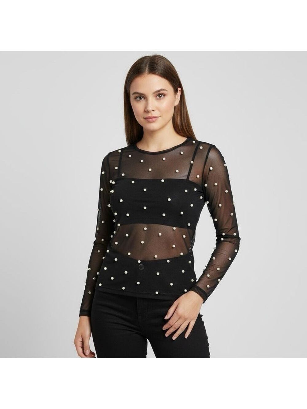 Amber Skies Pearl Embellished Sheer Mesh Top Black Cocktail Glam Whimsigoth XL